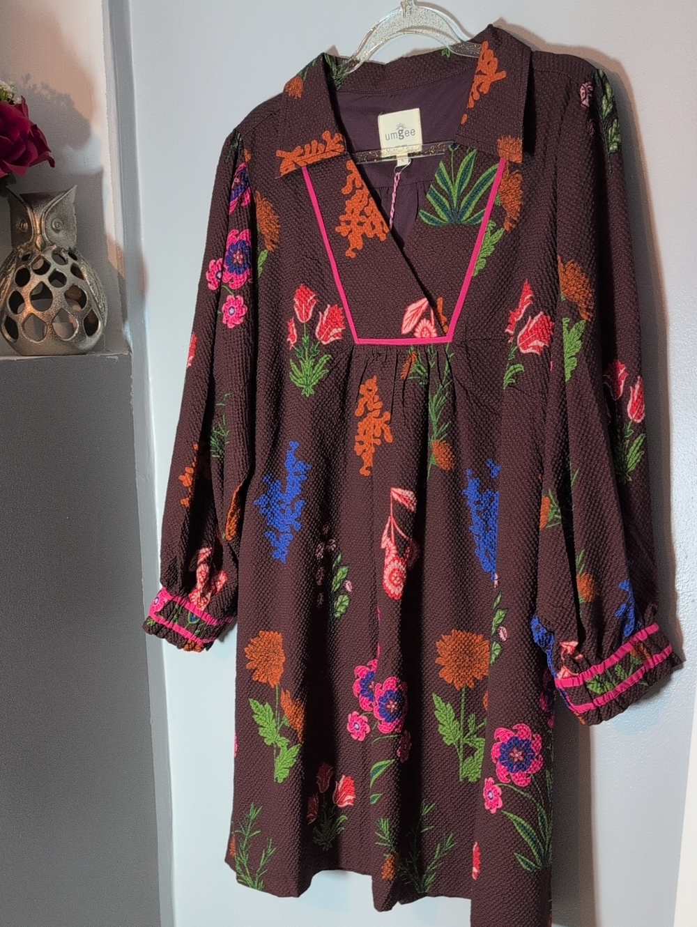Umgee Brown Floral Long Sleeve V-Neck Dress with Pink Trim
